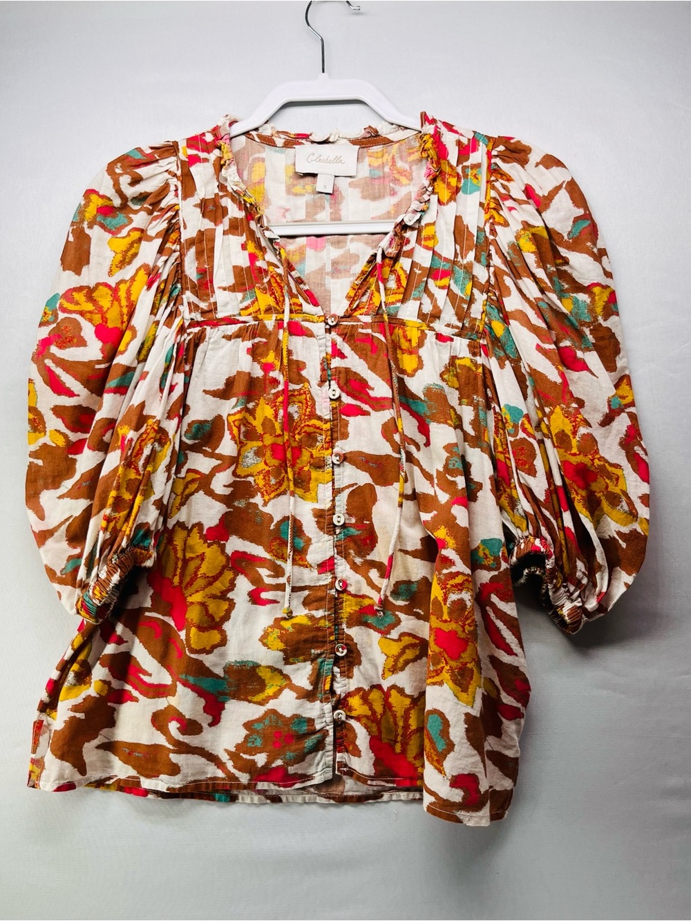 Cleobella Floral Button-Front Blouse in Brown, Yellow & Pink